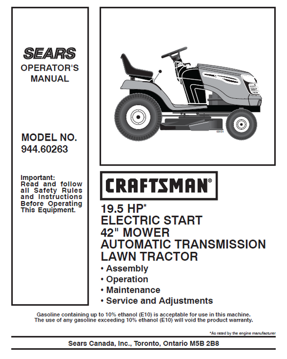 944.60263 Manual for Craftsman 19.5 HP 42&quot; Lawn Tractor
